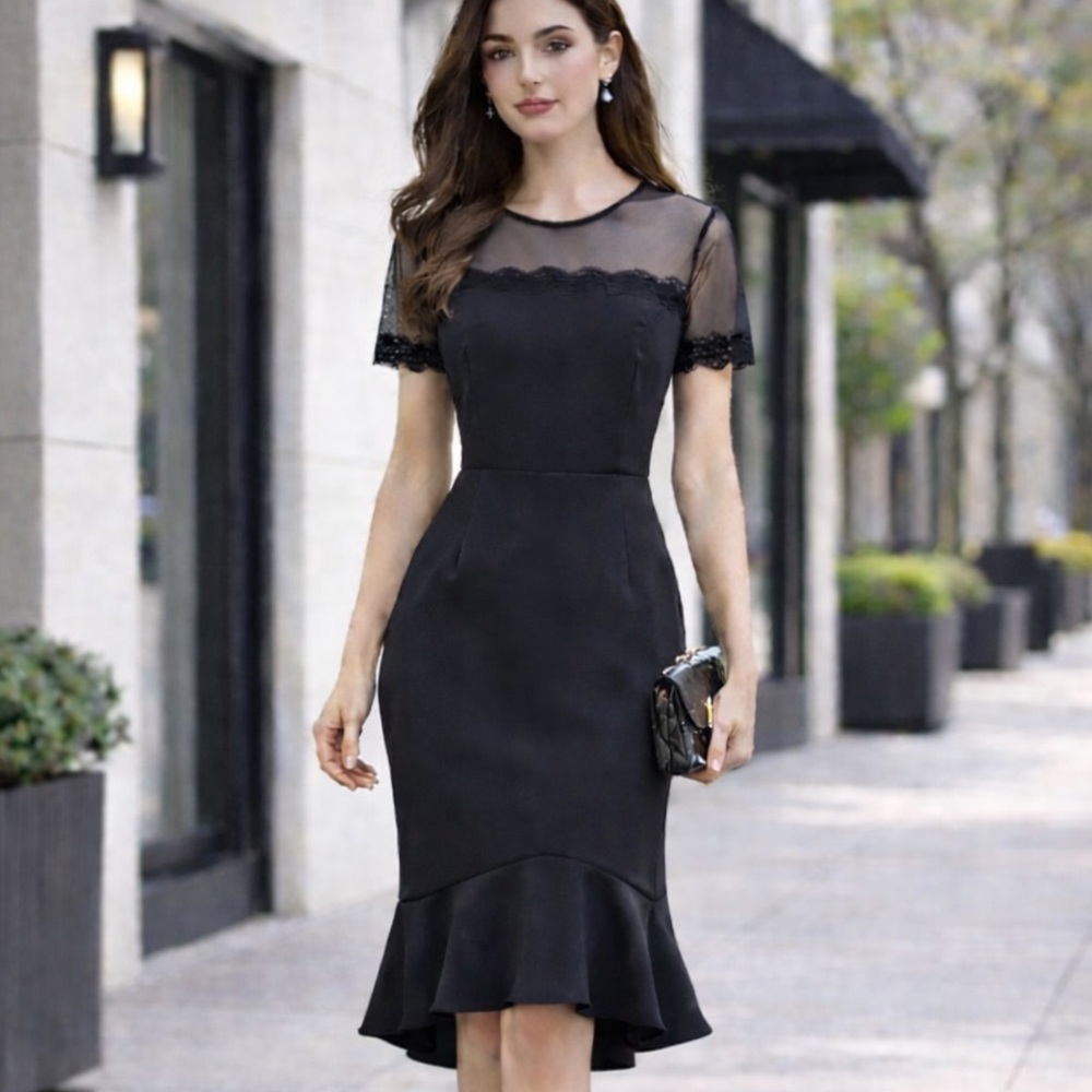 NWT Black Dress ruffle hemline Short Sleeve mesh lace bodice detail Sz 6P